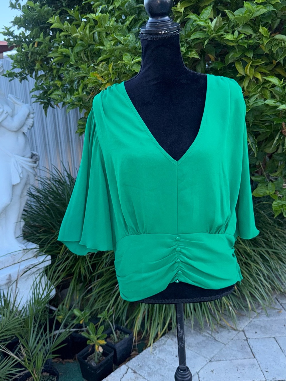 Soho Emerald Green V-Neck Flutter Sleeve Blouse